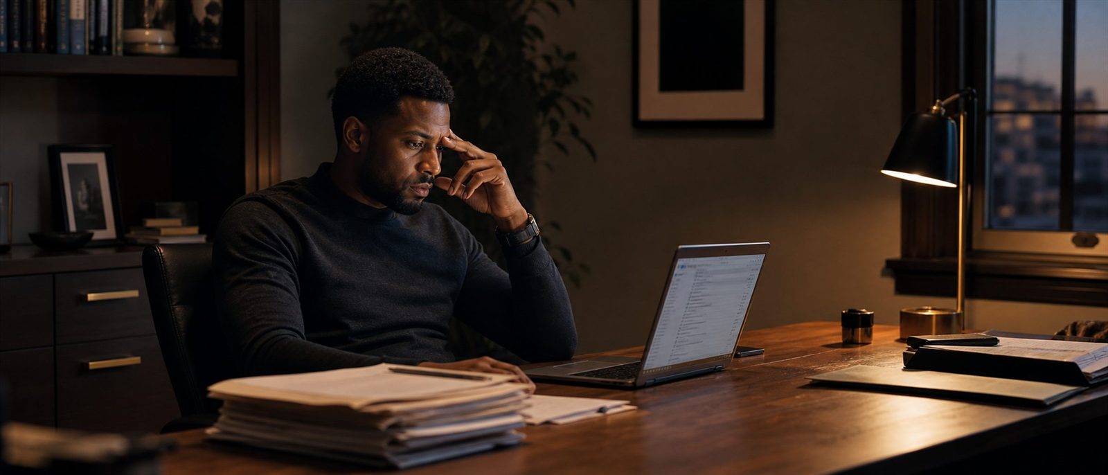 A senior professional working through a
             crowded inbox late in the day, screen light on their face.
