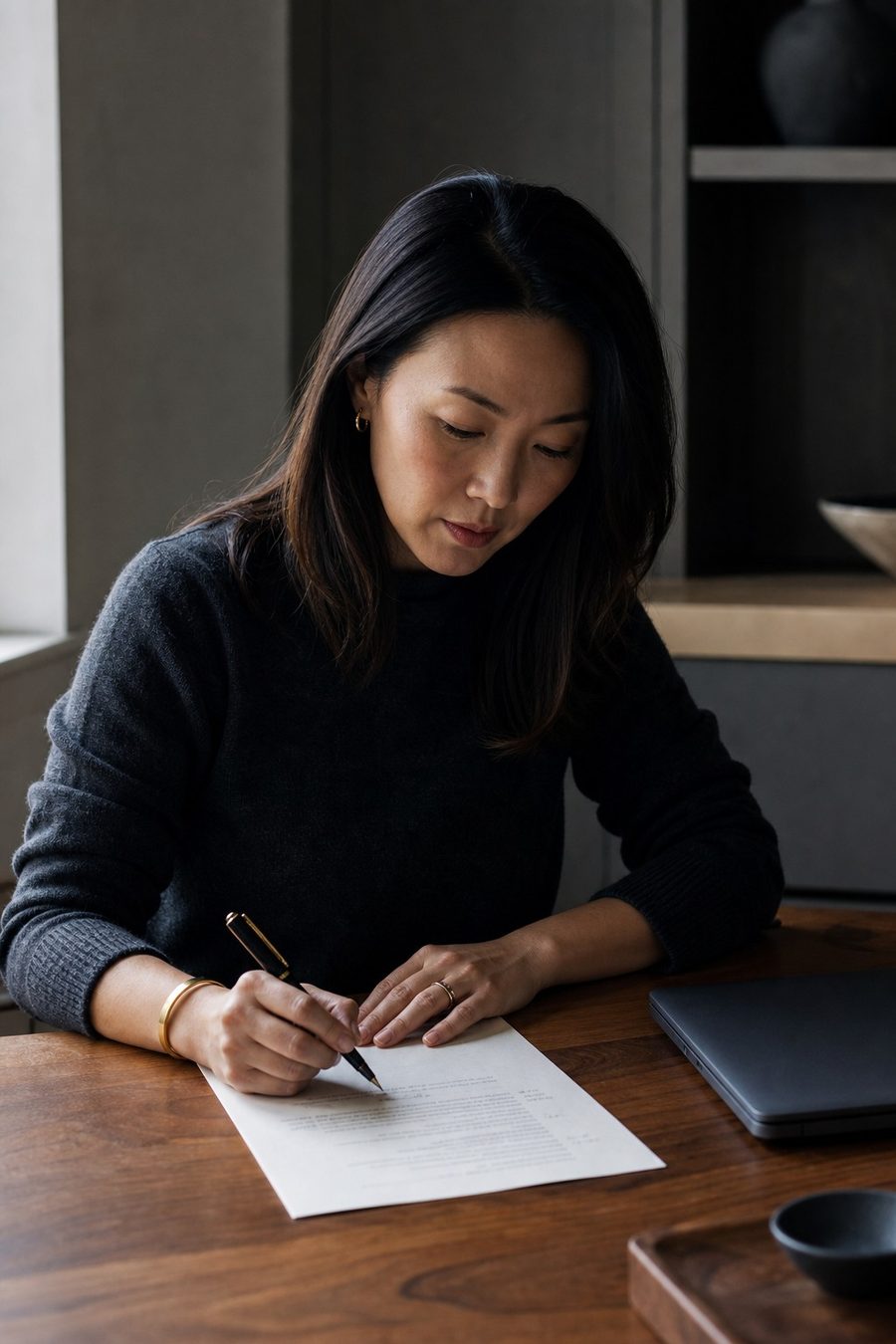 A professional annotating a short
             printed list of rules with a pen.