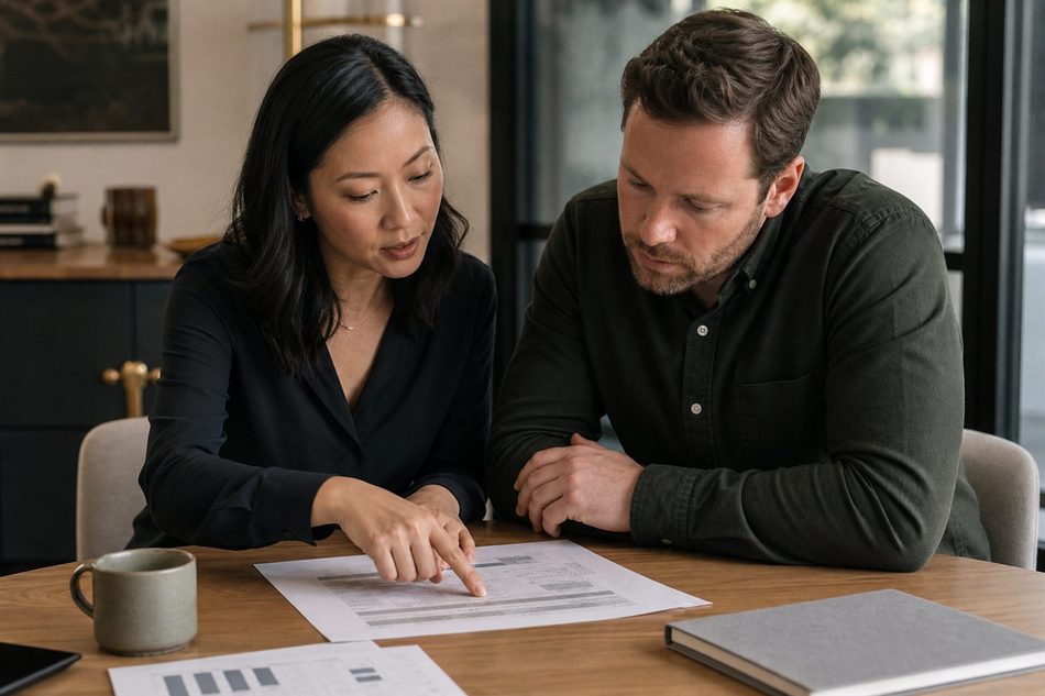 Two professionals reviewing a printed
                   assessment together at a desk.
