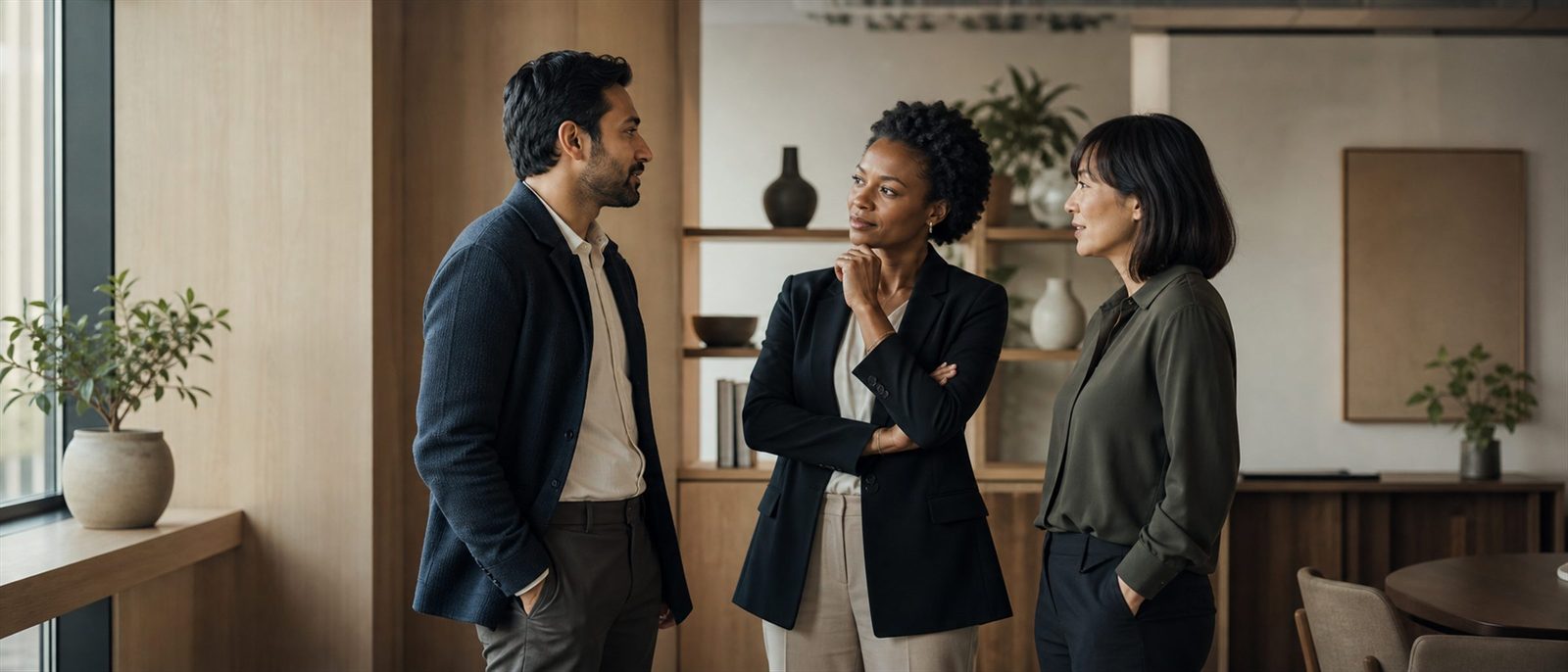 Three senior professionals in a calm working
             environment.